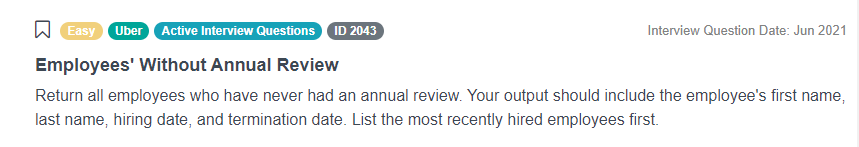 Uber Data Scientist Interview Question for Employees' Without Annual Review