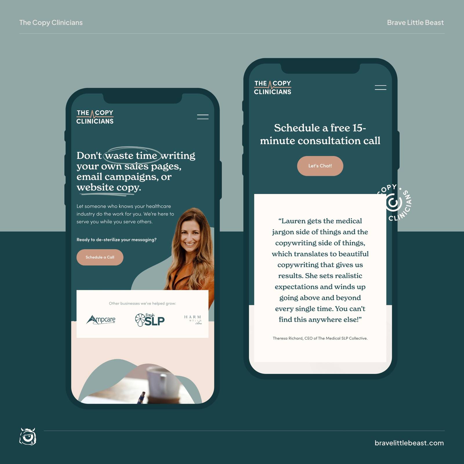 Two phone mockups of a website for a healthcare marketing and copywriting firm