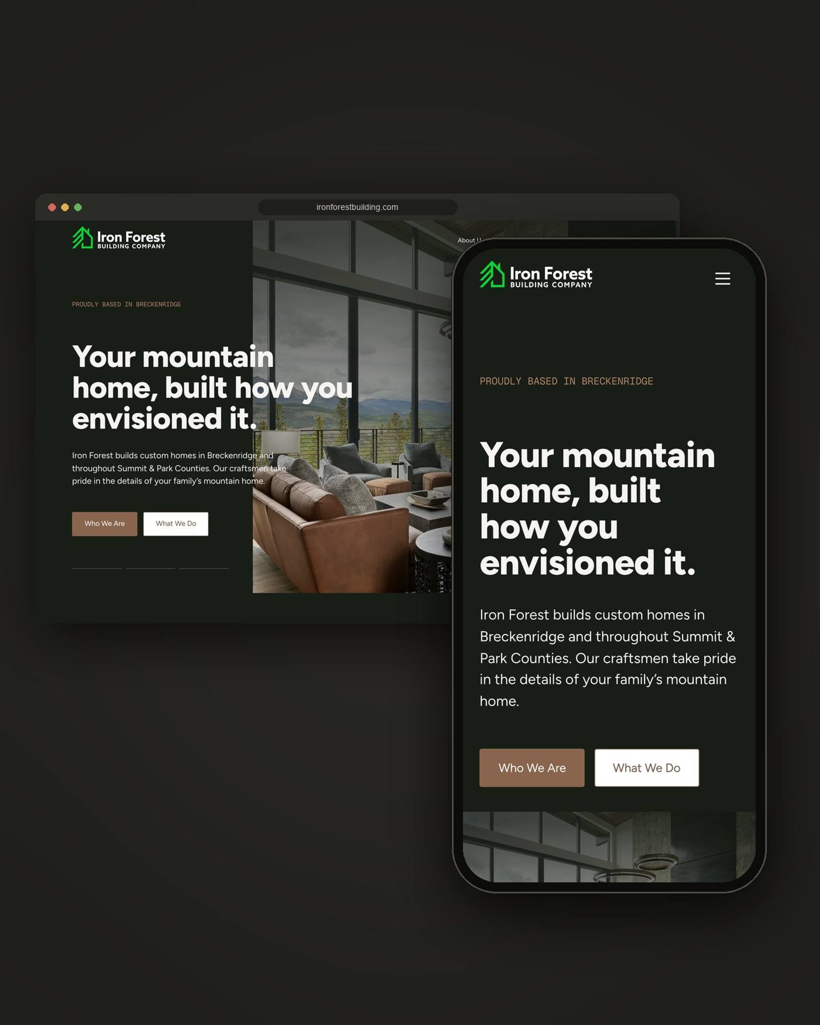 Desktop and phone mockup of a custom home builder website designed and built by Brave Little Beast