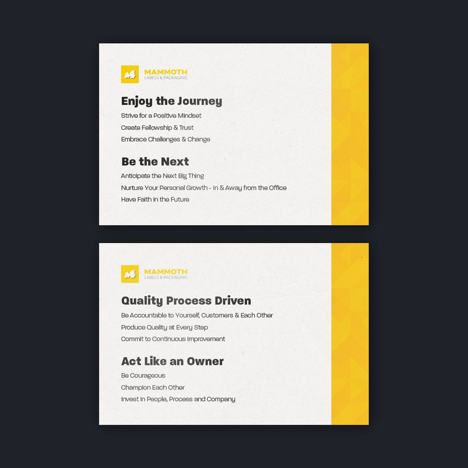 Mammoth Packaging values card design