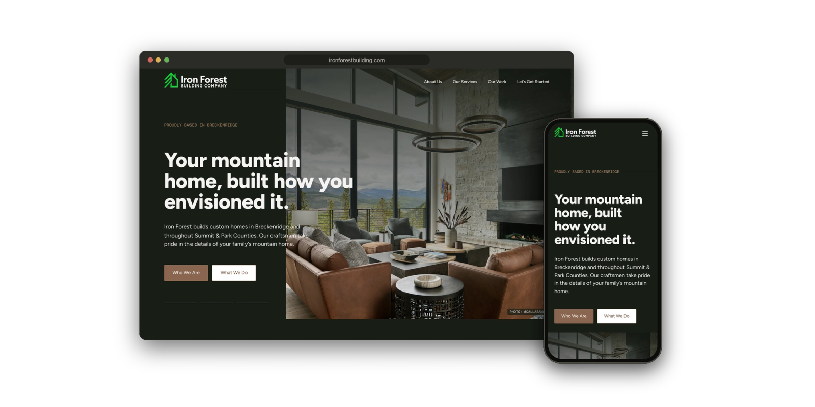 Desktop and phone mockup of a custom home builder website designed and built by Brave Little Beast