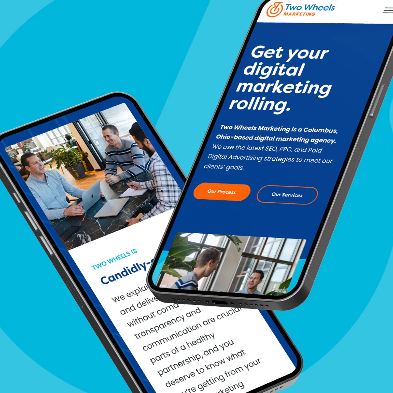 Two Wheels Marketing website mobile mockup
