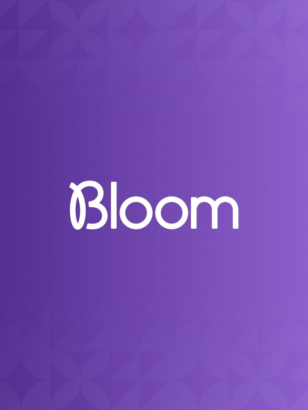 Bloom logo design on a purple gradient background