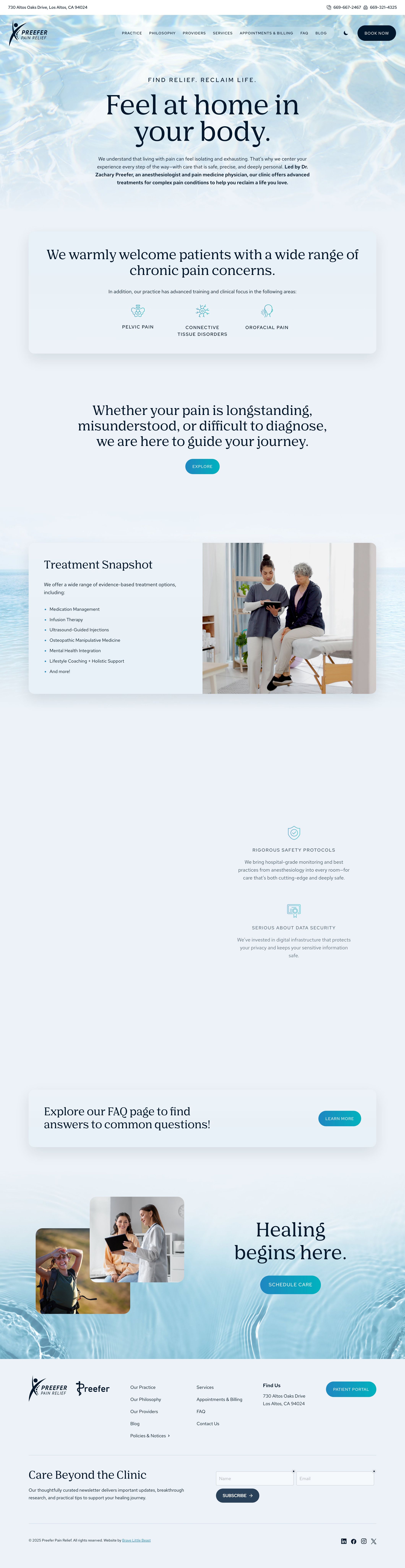 Homepage of a pain relief medical practice website by Brave Little Beast