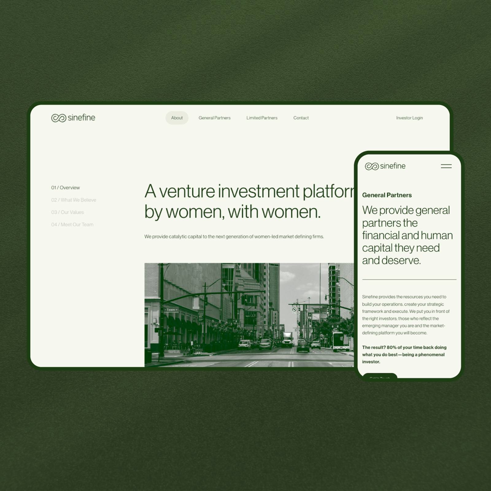 Desktop and mobile website mockup for a venture investment platform that backs women-led firms