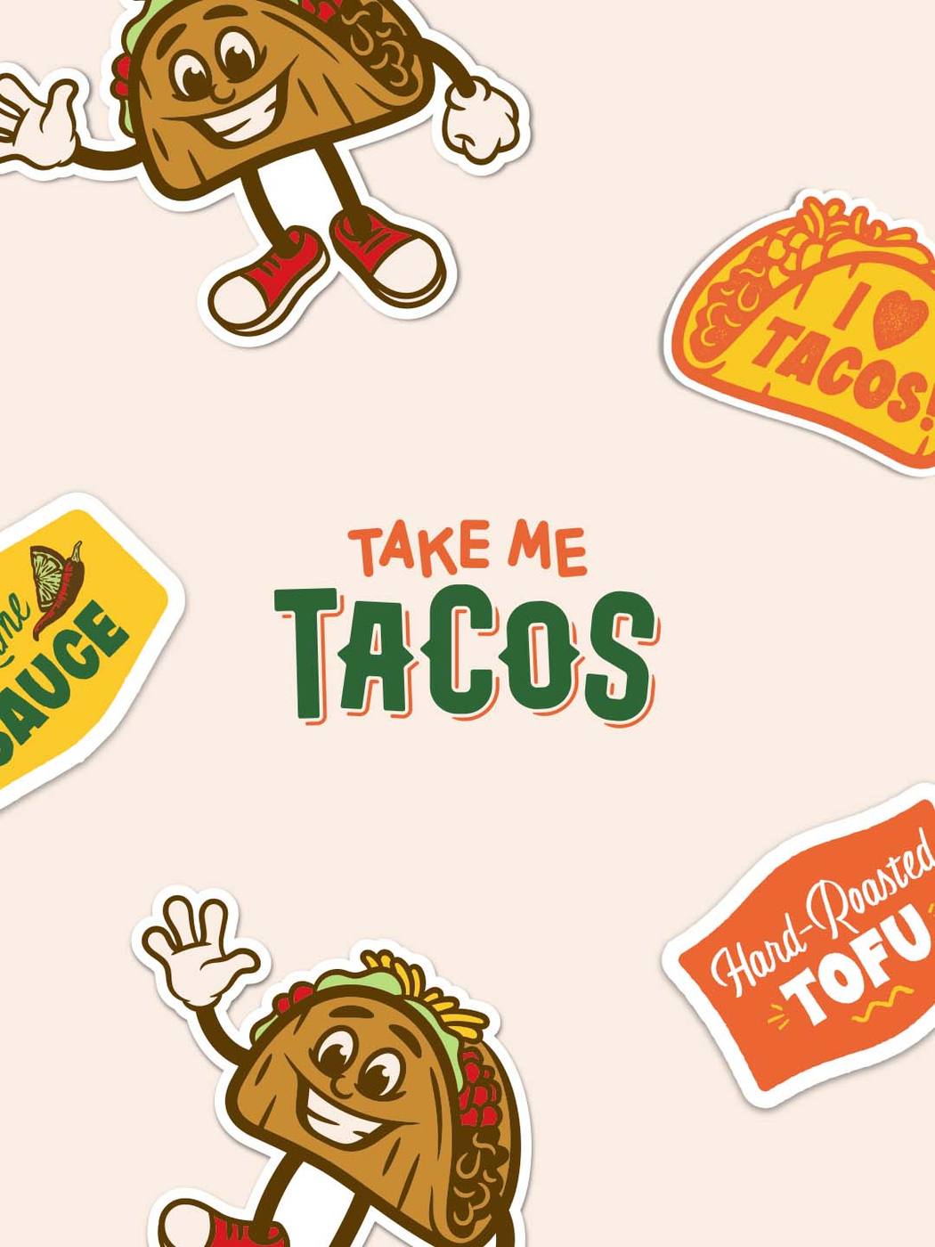 The Take Me Tacos logo design surrounded by various branded stickers