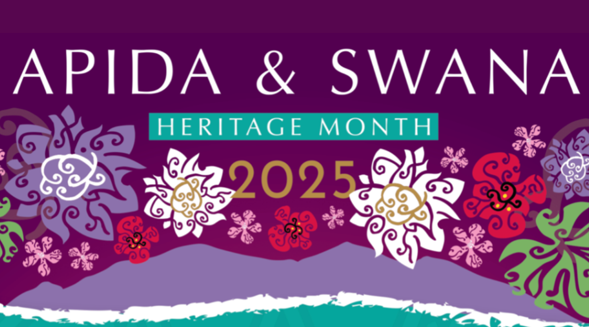 Graphic image with colorful flowers, reads "APIDA & SWANA Heritage Month 2025"