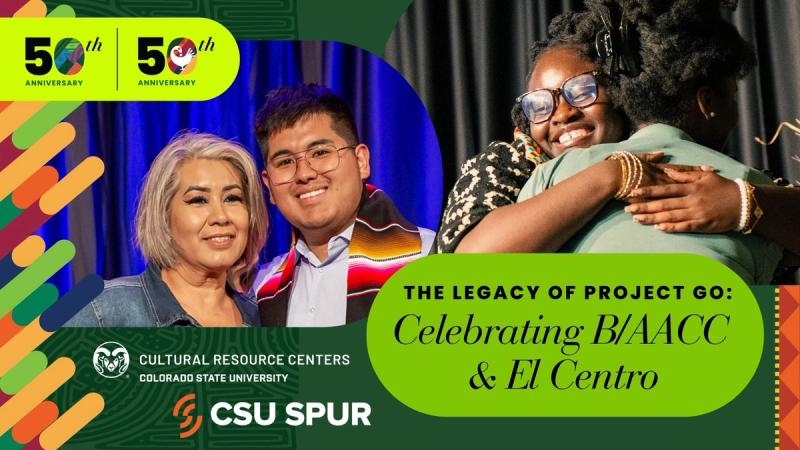 Promotional graphic celebrating the 50th anniversaries of Colorado State University’s Black/African American Cultural Center (B/AACC) and El Centro. The design features photos of students embracing and posing together at an event, alongside CSU Cultural Resource Centers and CSU Spur logos. Large text reads: “The Legacy of Project GO: Celebrating B/AACC & El Centro.” Bright multicolored graphic accents frame the image.
