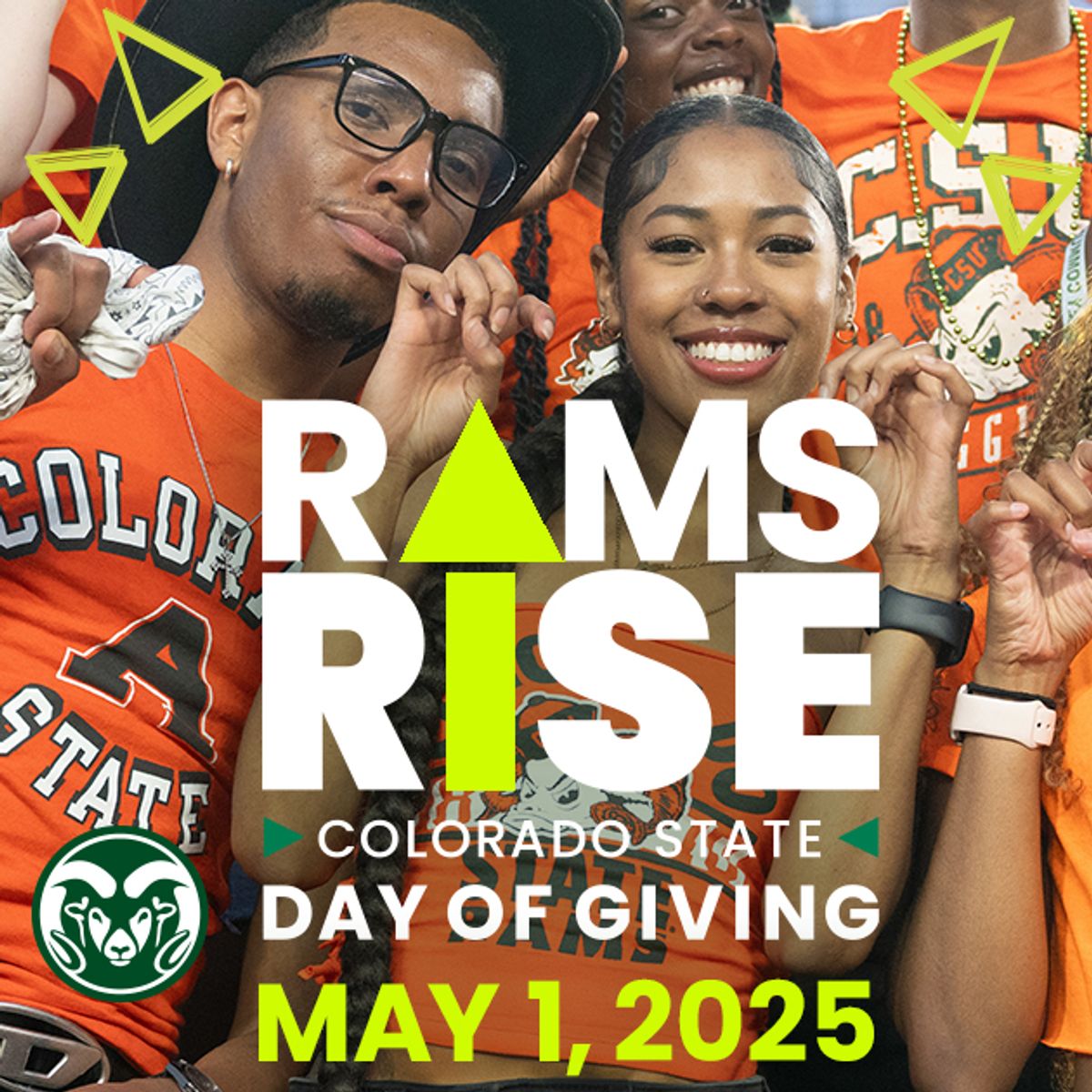 Photo of two CSU students smiling, Rams Rise Day of Giving May 1, 2025 