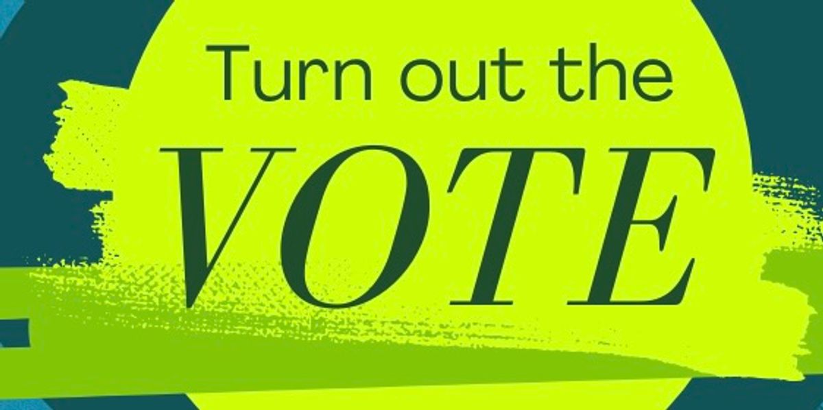 “Turn Out the Vote” is displayed on overlapping, vibrant green circles on a blue background. 