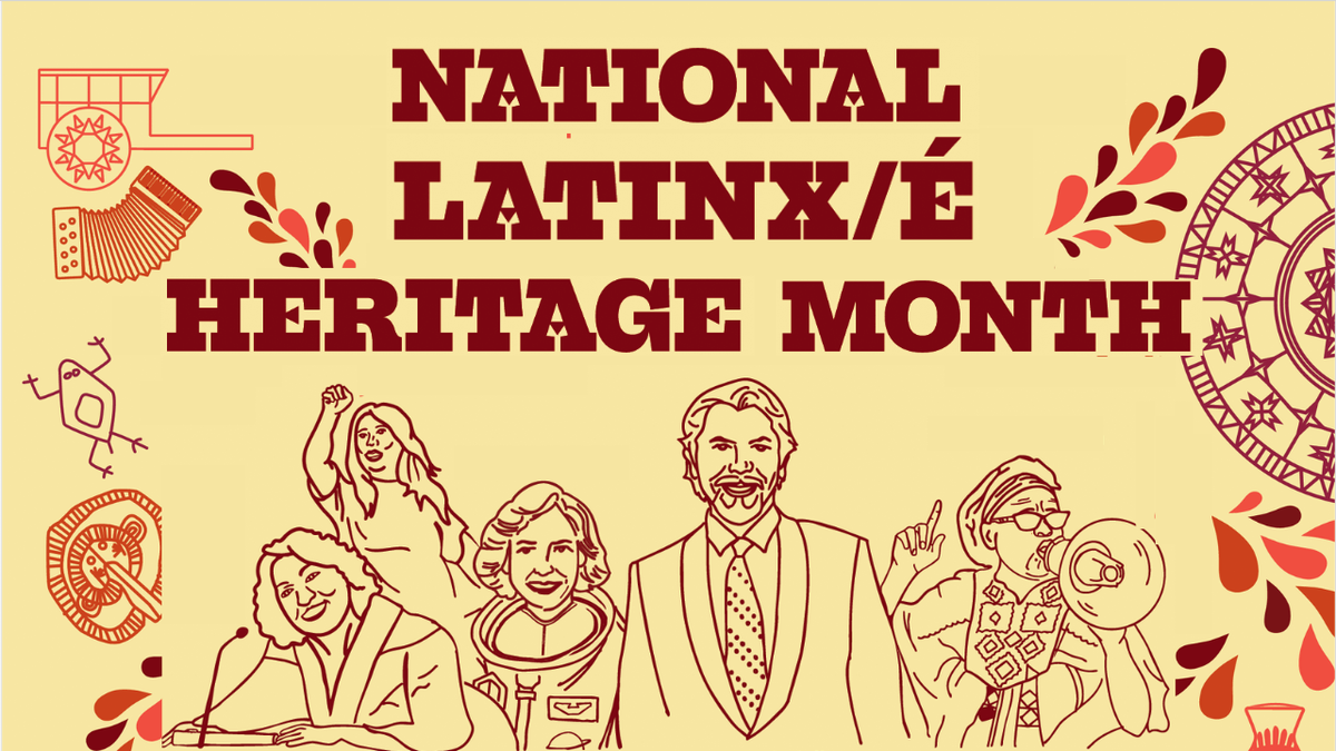 Graphic image of cartoon style images reads Latinx/e Heritage Month