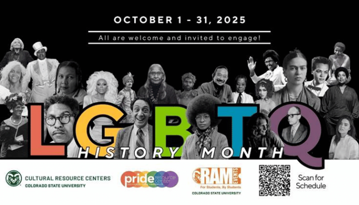 Graphic image depicts arrangement of photos featuring prominent LGBTQ+ historical figures. Text reads: October 1-31, 2025. All are welcome and invited to engage! LGBTQ+ History Month.