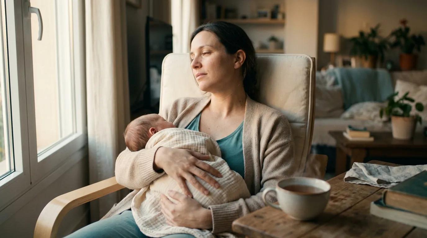Madre sentada en un sillón, sosteniendo a su bebé recién nacido dormido sobre el pecho, con expresión serena y cansada.
