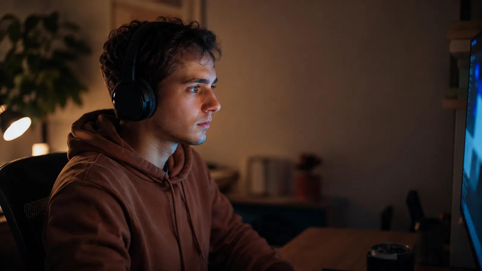Joven con auriculares sentado frente a la pantalla de un ordenador en una habitación en penumbra, con luz cálida lateral, concentrado en el juego