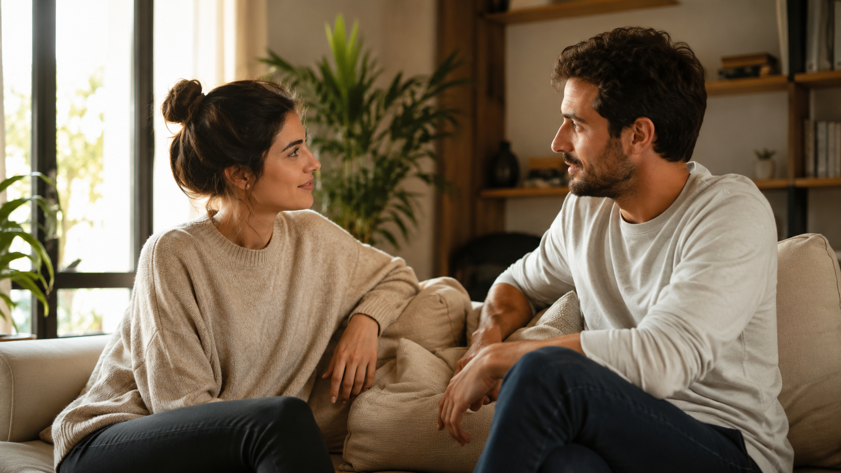 pareja sentada en el sofá conversando mientras se miran a la cara