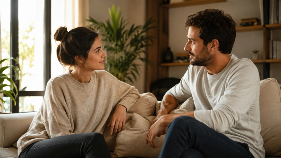 pareja sentada en el sofá conversando mientras se miran a la cara