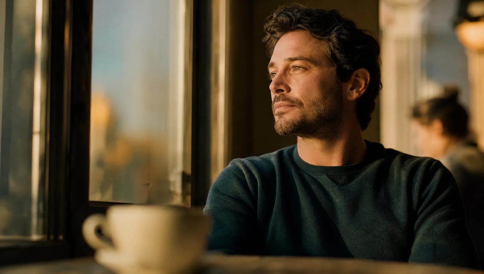 Hombre adulto mirando por la ventana con expresión pensativa a la luz del atardecer