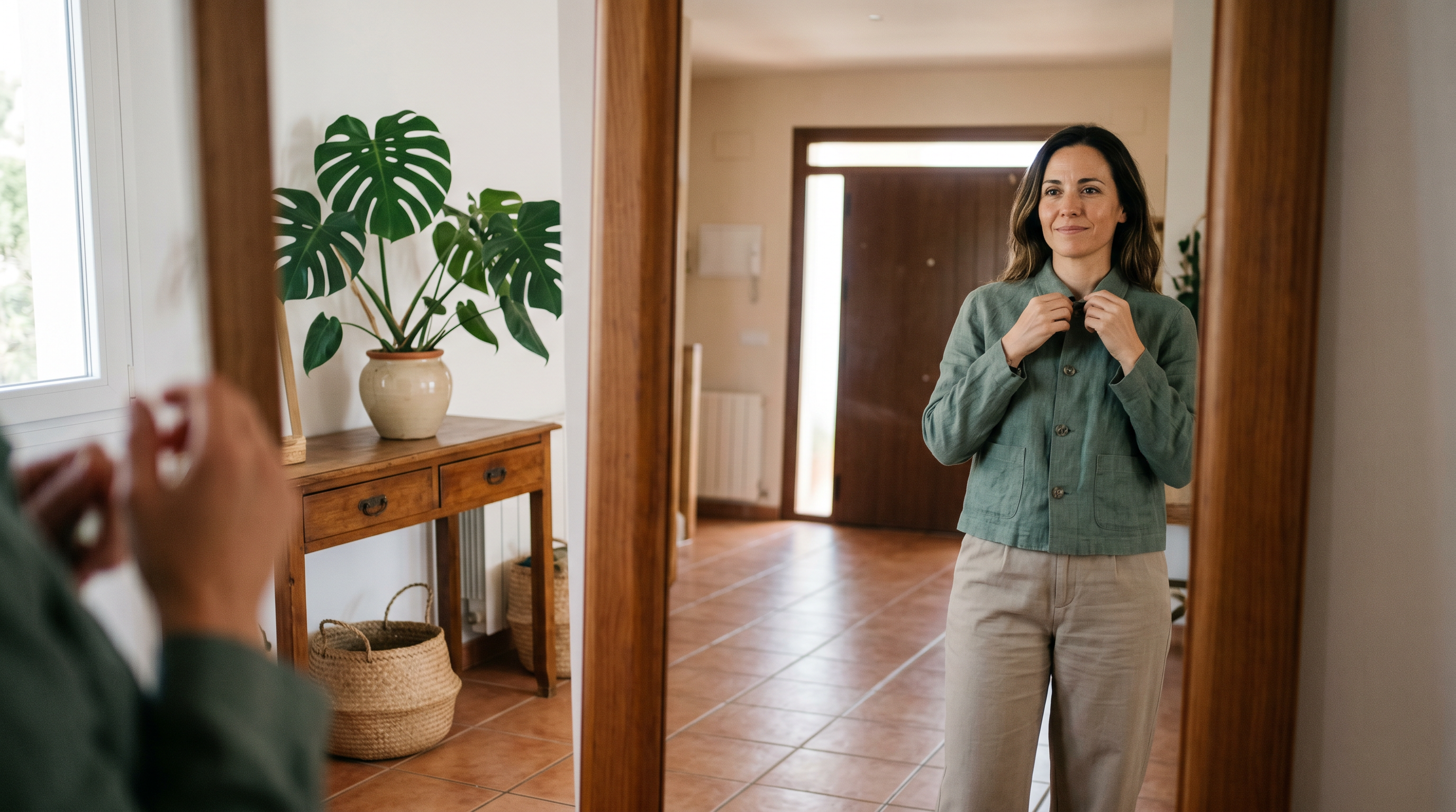 Mujer mirándose al espejo, abrochando