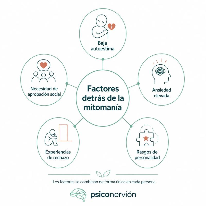 Infografía circular con los factores que pueden estar detrás de la mitomanía: baja autoestima, ansiedad elevada, rasgos de personalidad, experiencias de rechazo y necesidad de aprobación social