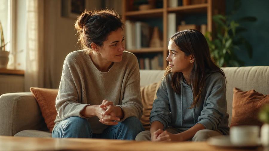 Una madre y su hija preadolescente, sentadas en el sofá del salón, conversan tranquilas mirándose a la cara, en un ambiente cálido y de escucha