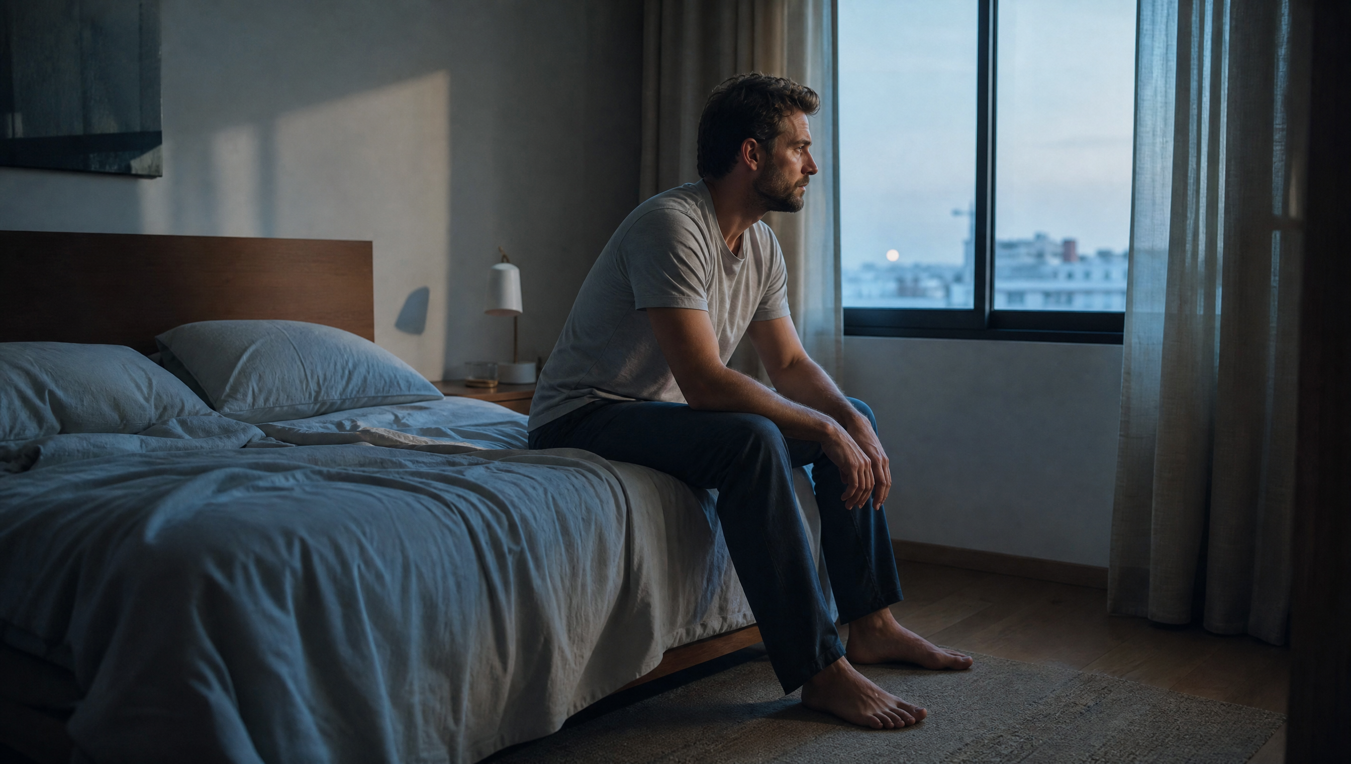 Hombre con insomnio sentado en la cama mirando por la ventana durante la noche