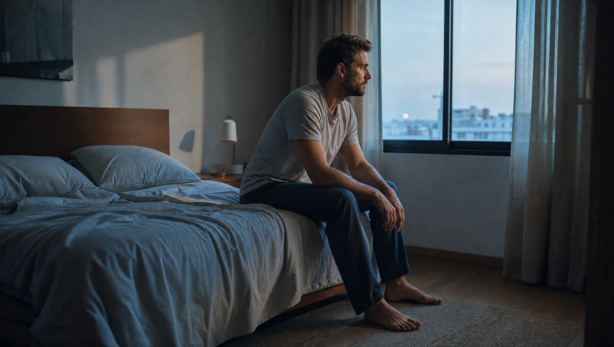 Hombre con insomnio sentado en la cama mirando por la ventana durante la noche