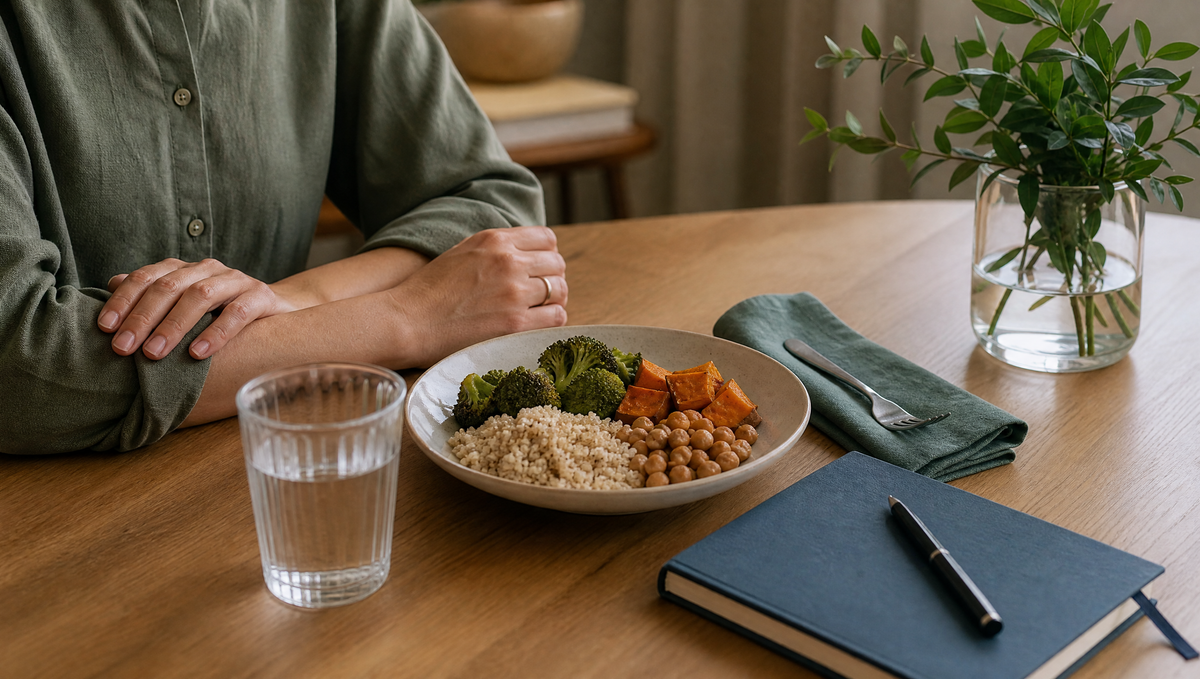 Persona en consulta de psiconutrición con un plato de comida saludable sobre la mesa