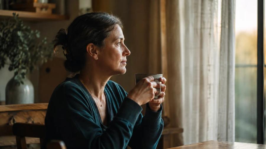 Mujer de mediana edad sentada junto a una ventana sosteniendo una taza, mirando al exterior con expresión serena