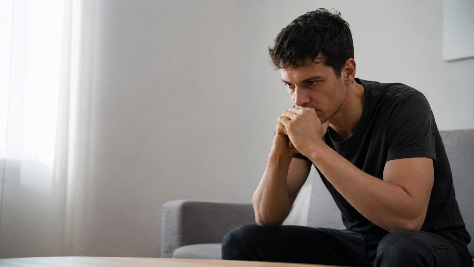 Hombre joven sentado en un sofá, pensativo y cabizbajo, reflexionando antes de pedir ayuda por una adicción