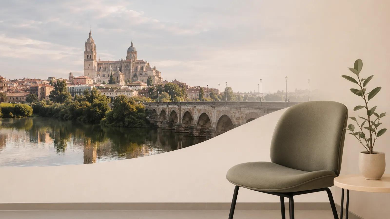 Sala con sillón, planta y vista de la Catedral de Salamanca y el Puente Romano sobre el río Tormes