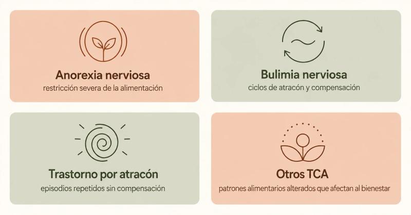 Infografía con los cuatro tipos de TCA más frecuentes: anorexia nerviosa, bulimia nerviosa, trastorno por atracón y otros trastornos de la conducta alimentaria, cada uno con su descripción breve.