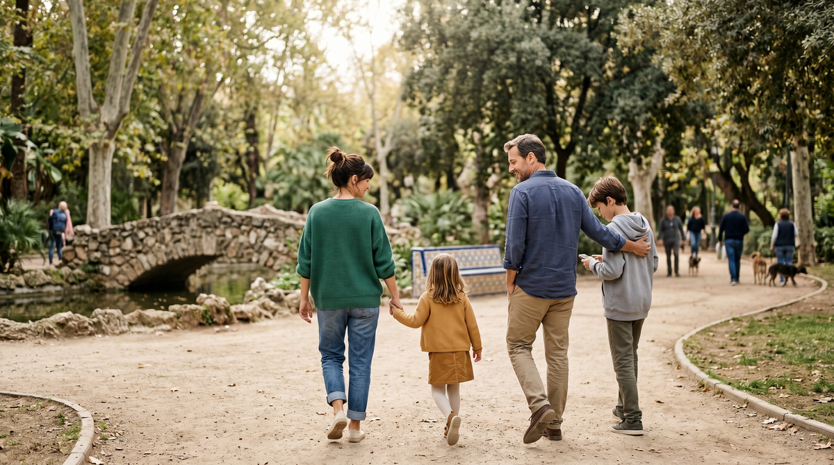 familia caminando por un parque