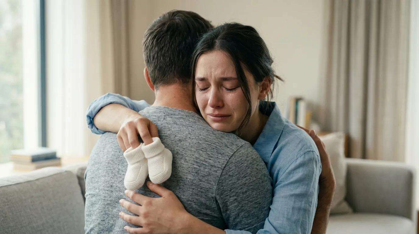 Una pareja se abraza en el sofá; la mujer, emocionada, sostiene unos pequeños patucos blancos de bebé apoyando la mano en la espalda de él