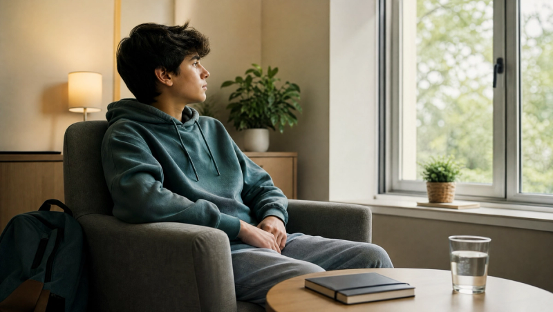 Adolescente sentado en una consulta psicológica mirando hacia la ventana