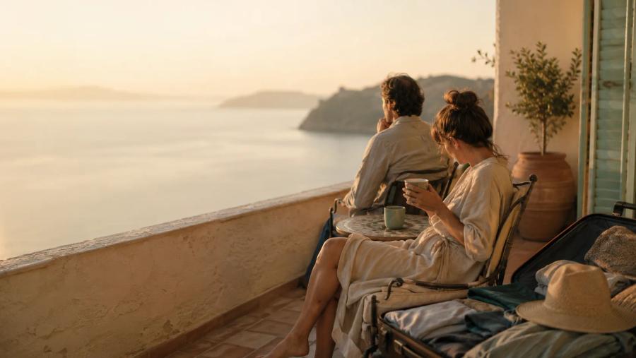 Pareja en la terraza de un apartamento de vacaciones junto al mar al atardecer, con gesto de distancia emocional