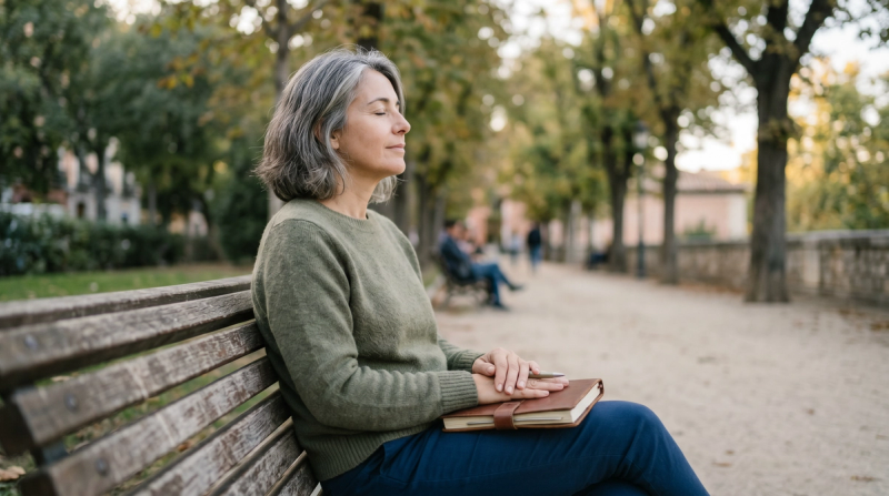 Mujer sentada en un banco de un parque recordando a un ser querido mientras sostiene una libreta