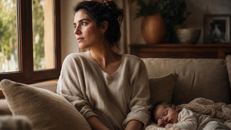 Madre sentada en un sofá junto a una ventana, mirando pensativa hacia el exterior mientras su bebé duerme a su lado, en un ambiente doméstico cálido