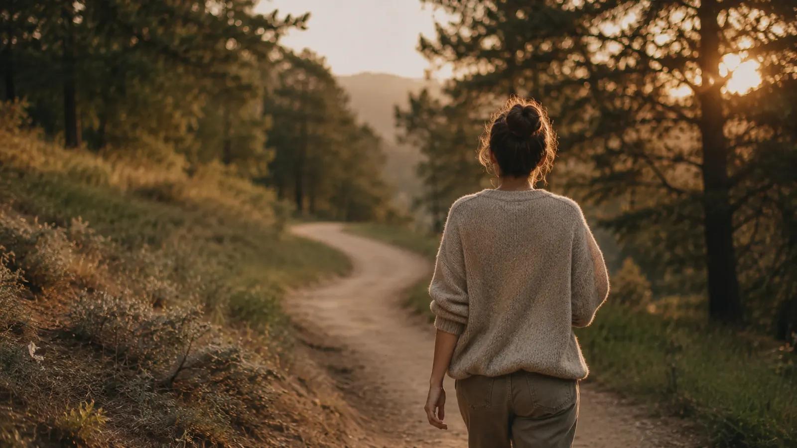 Una mujer camina sola, de espaldas, por un sendero de tierra que serpentea entre árboles bajo la cálida luz del atardecer, en un paisaje natural y tranquilo