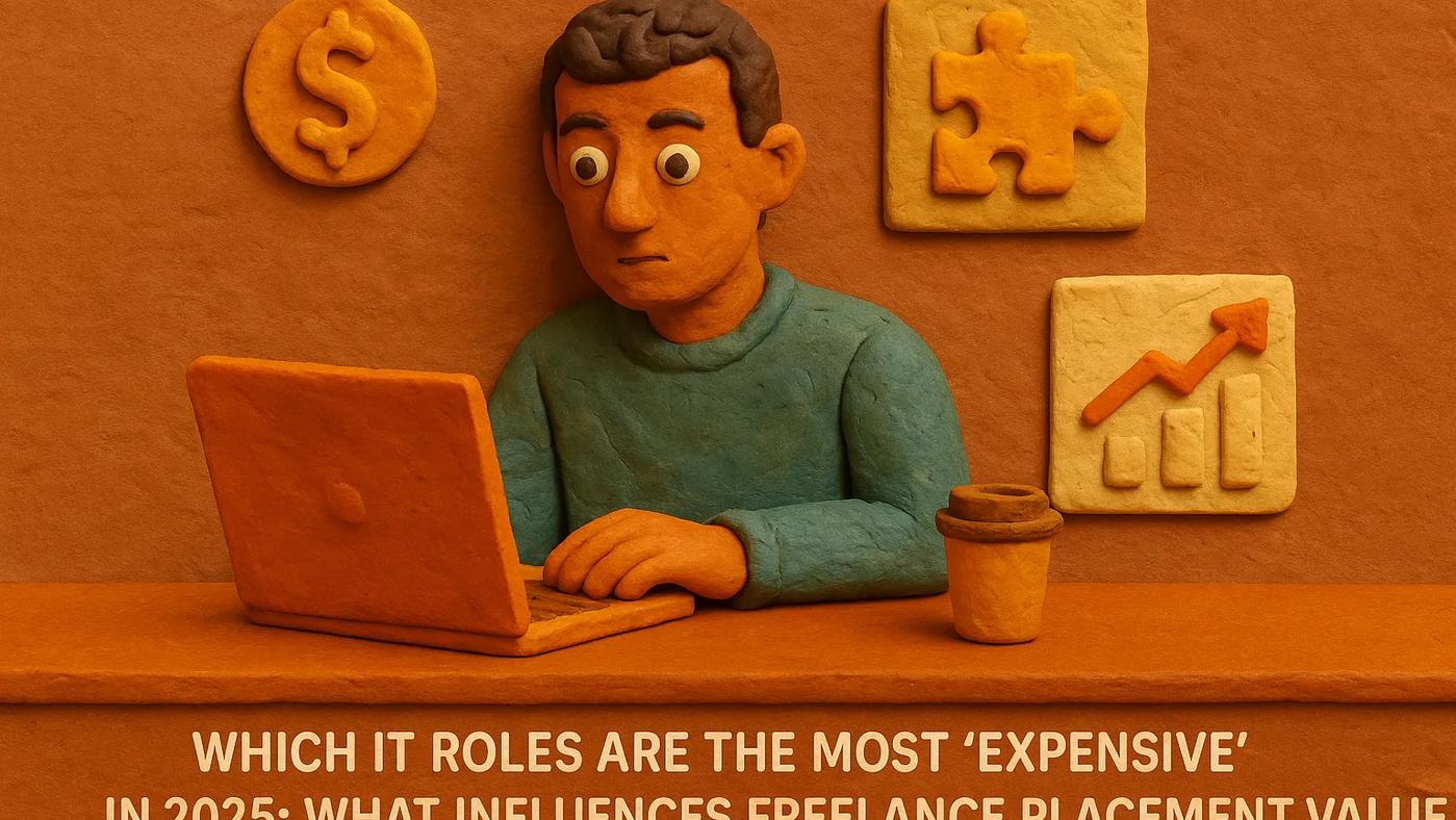 Claymation-style illustration of a freelance recruiter sitting at a desk, thoughtfully looking at a laptop. Surrounding him are clay icons: a dollar sign, a puzzle piece, and a rising graph. A coffee cup sits nearby. At the bottom, the text reads: 'Which IT Roles Are the Most ‘Expensive’ in 2025: What Influences Freelance Placement Value’