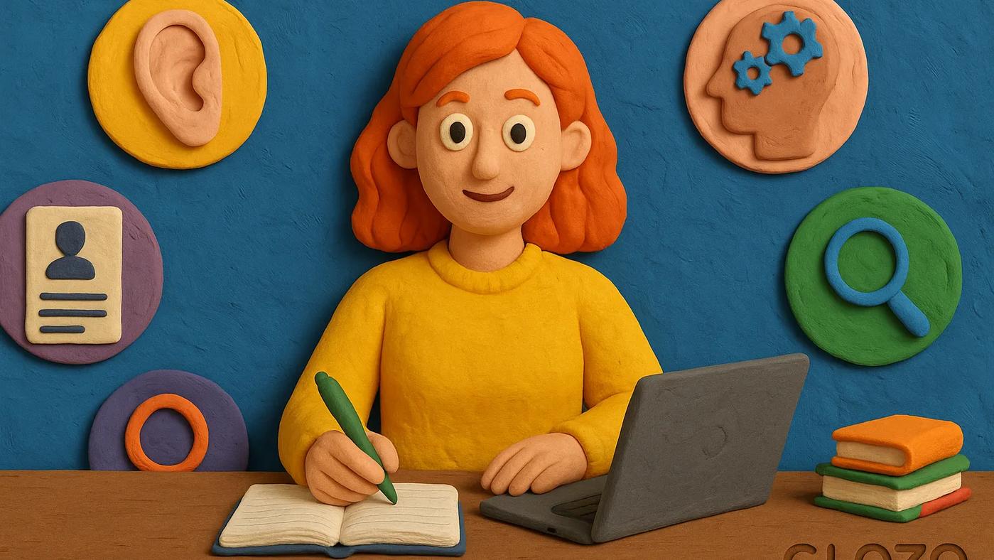 Claymation-style illustration of a red-haired recruiter at a desk using a laptop and notebook, surrounded by icons representing recruiter skills like empathy, communication, and search, with the GLOZO logo subtly embedded.