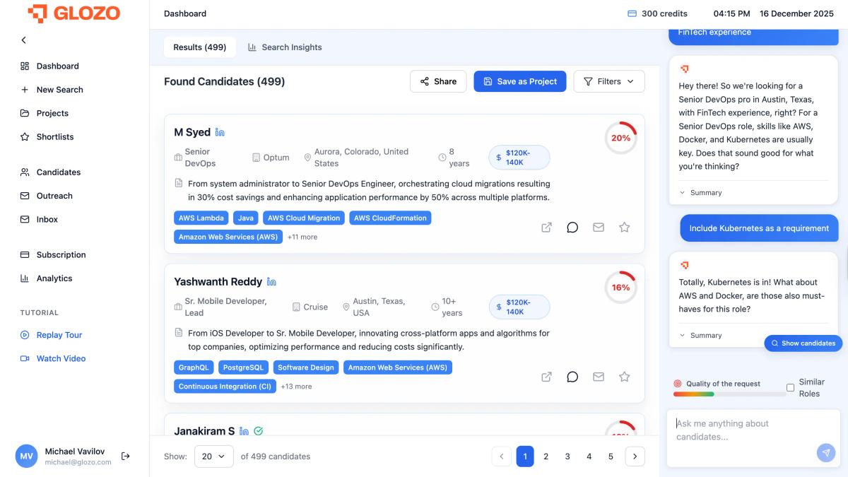 The Glozo Chat panel displaying a conversation flow where the user refines requirements. A blue "Show candidates" button appears to update the results.