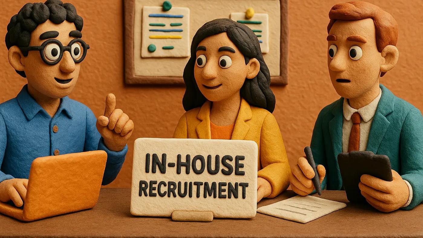 Claymation-style image of three professionals at a desk discussing in-house recruitment. One person types on a laptop, another holds a clipboard and pen, and a third sits between them with a sign reading "IN-HOUSE RECRUITMENT."