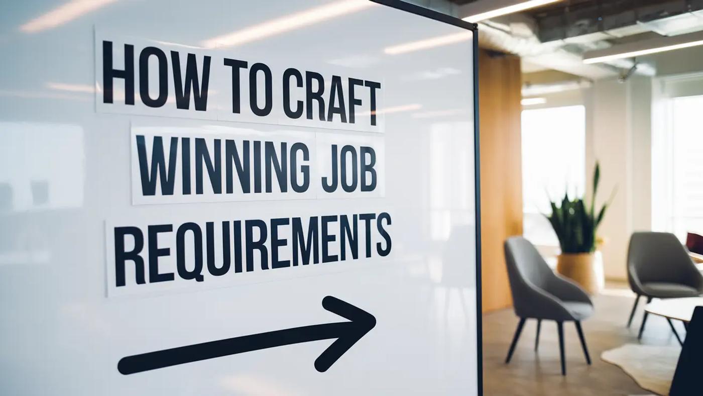 A whiteboard in a modern office space displaying the phrase "How to Craft Winning Job Requirements" with an arrow pointing right
