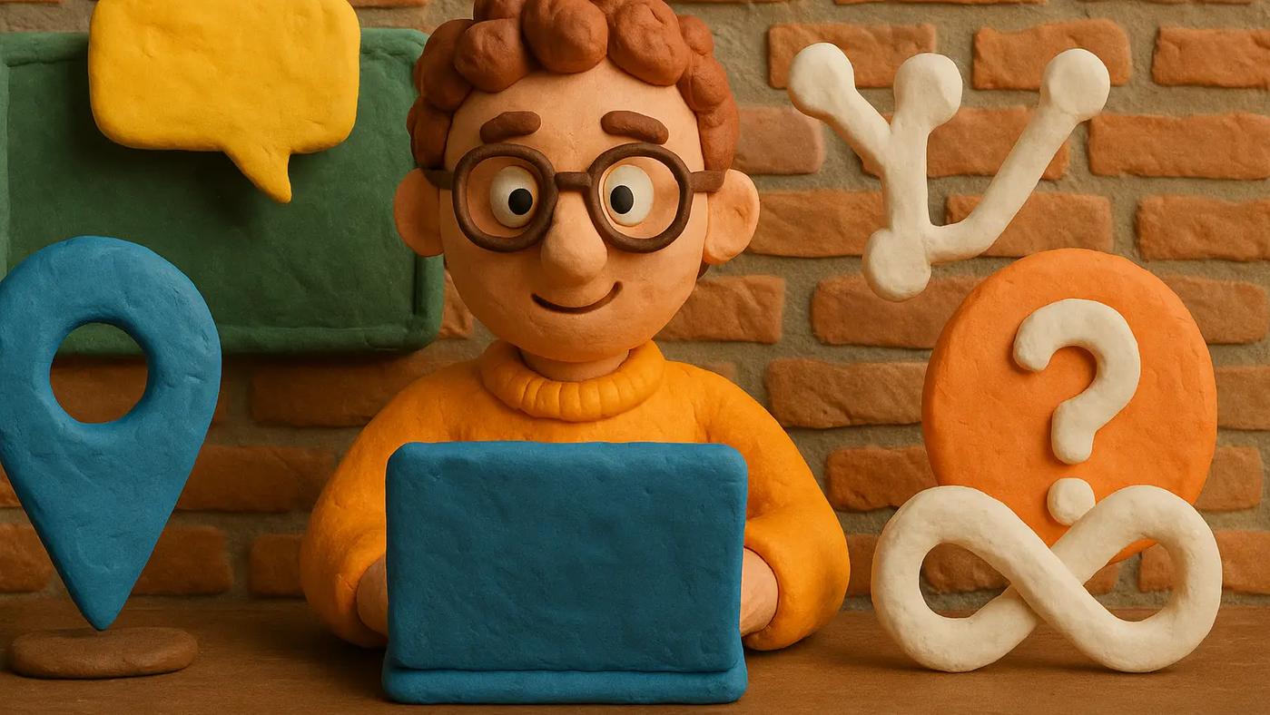 Claymation-style illustration of a developer using a laptop, surrounded by open-source and collaboration symbols, created for Glozo’s blog on sourcing developer talent.