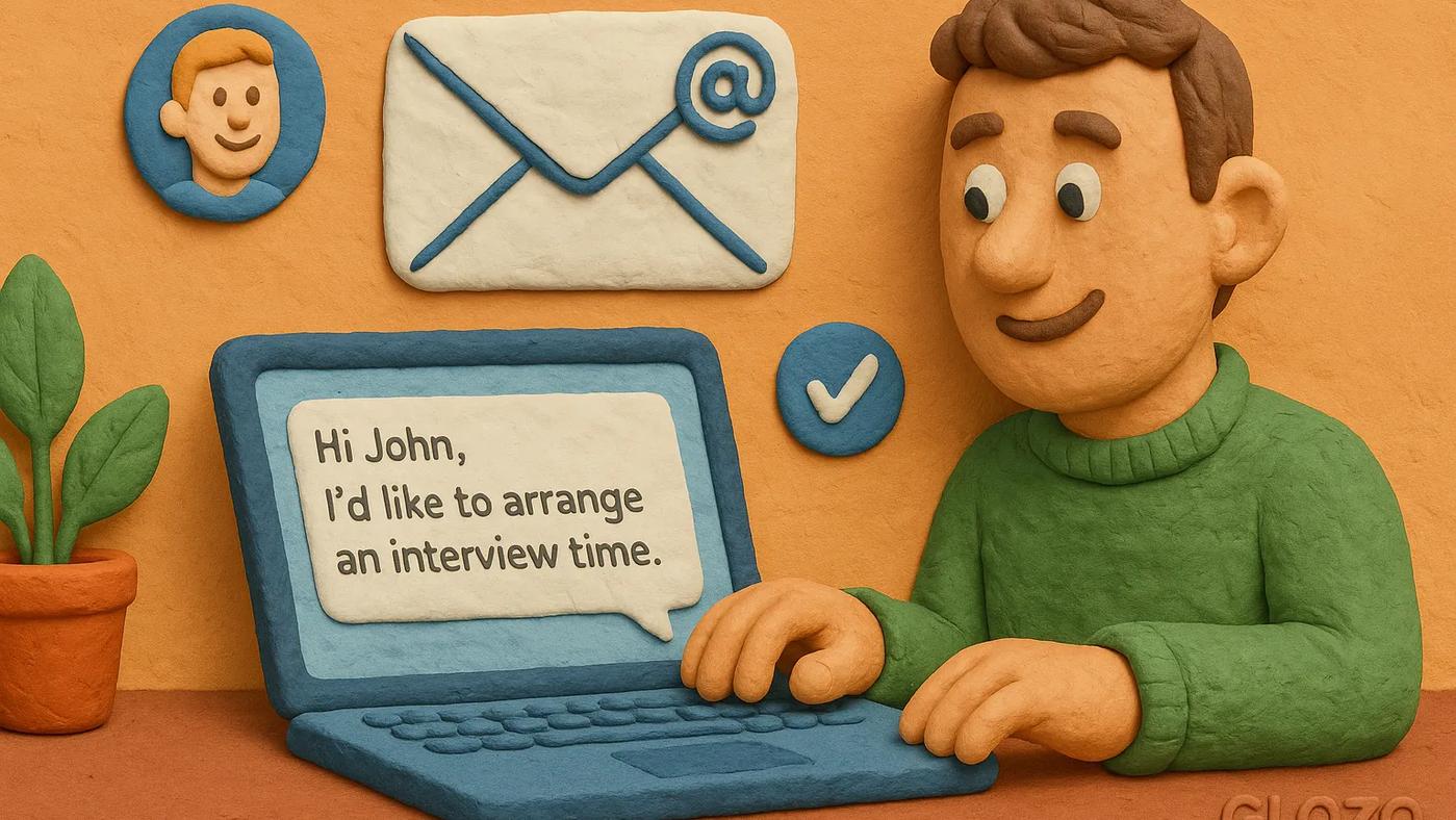 Claymation-style image of a recruiter writing an interview scheduling email on a laptop, with email and checkmark icons, and a subtle Glozo logo in the corner.