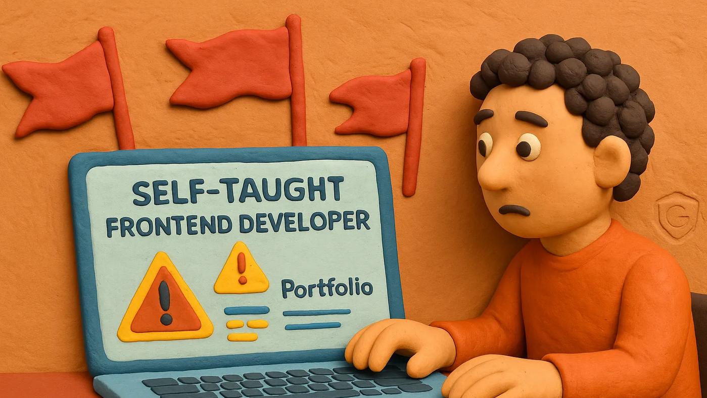 Claymation-style recruiter reviewing a frontend developer's portfolio with red flags on a laptop screen.