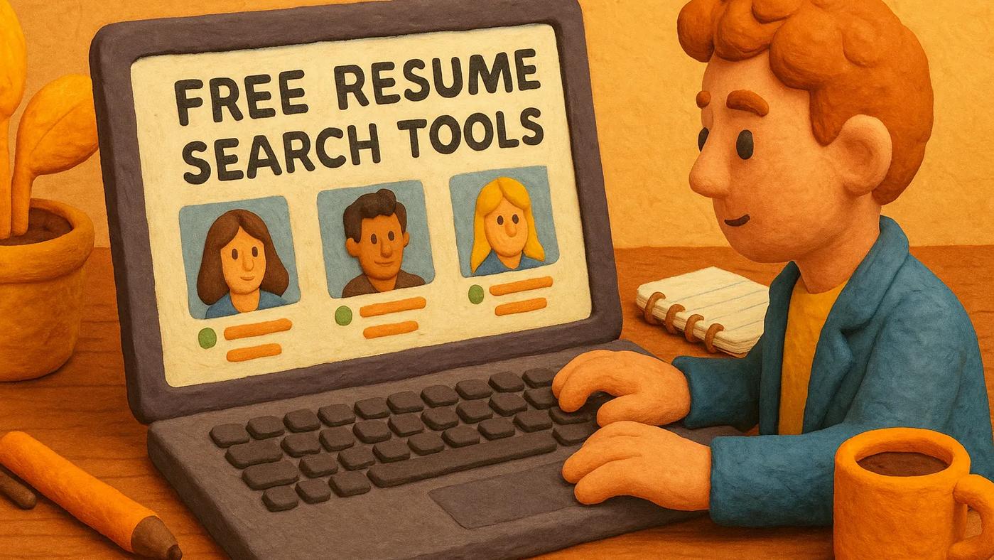 Claymation-style illustration of a recruiter using a laptop to search for resumes, with candidate profiles displayed on the screen, surrounded by office items like a notebook, coffee mug, and plant.