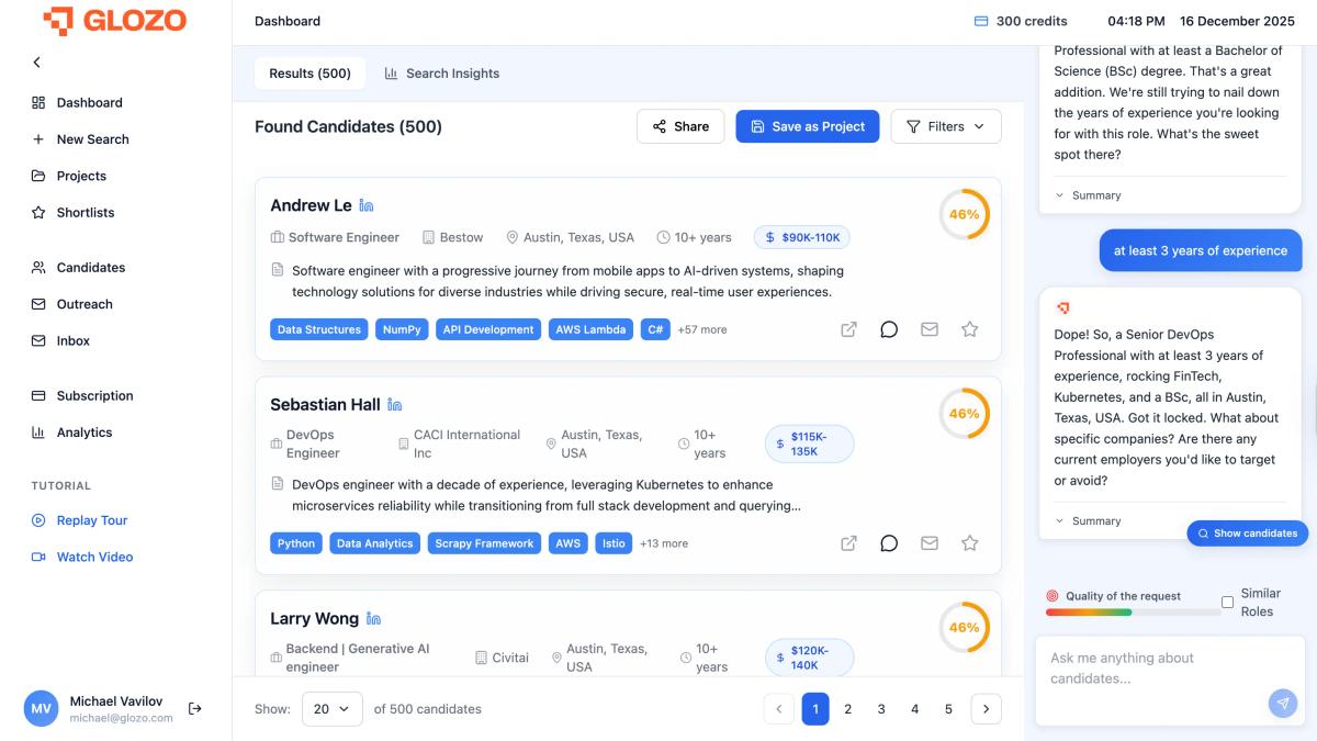 Updated search results showing candidates with higher match scores (46%+) and a green "Quality of the request" bar, indicating a high-precision search.