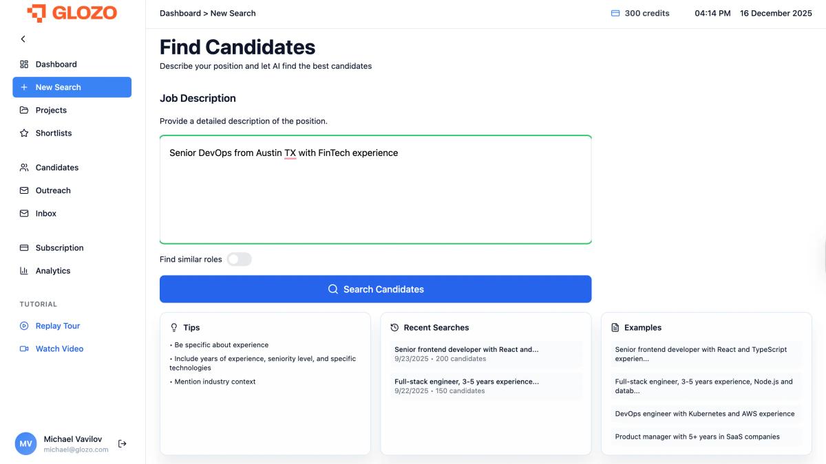 Glozo "New Search" interface showing the Job Description input field filled with a query for a Senior DevOps in Austin, and the "Search Candidates" button.