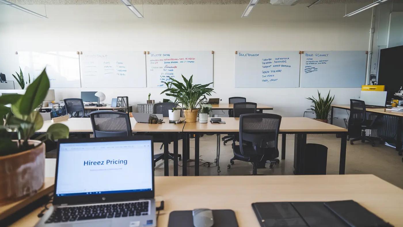 The laptop is on a desk in the office. On the screen it says ‘HireEZ pricing’.